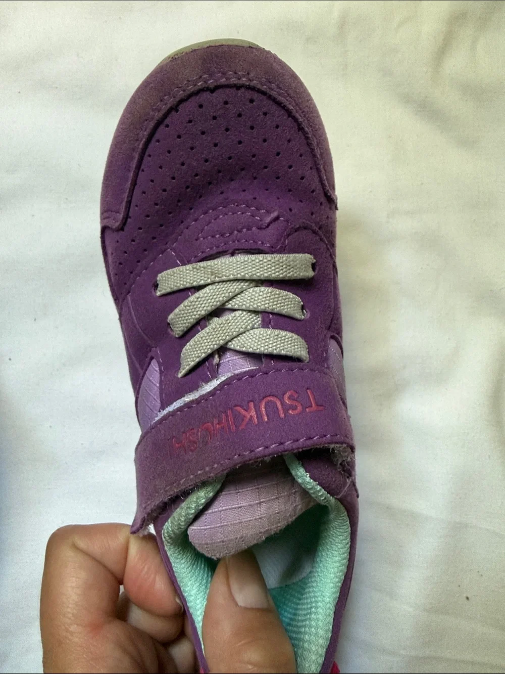 Tsukihoshi Purple Kids Sneakers with Mint Lining and Pink Pull Tabs - Velcro. 9